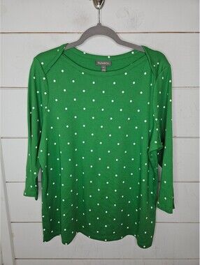 Style & Co. 0X green & white polka dots 100% supima cotton 3/4 sleeve tee shirt